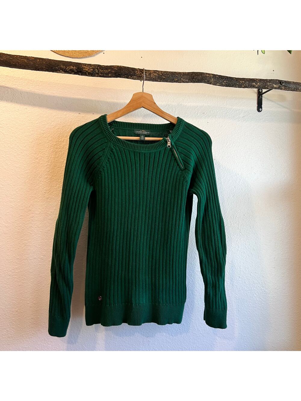 Ralph Lauren Green Ribbed 100% Cotton Zipper Detail Elbow Patch Top Size Medium